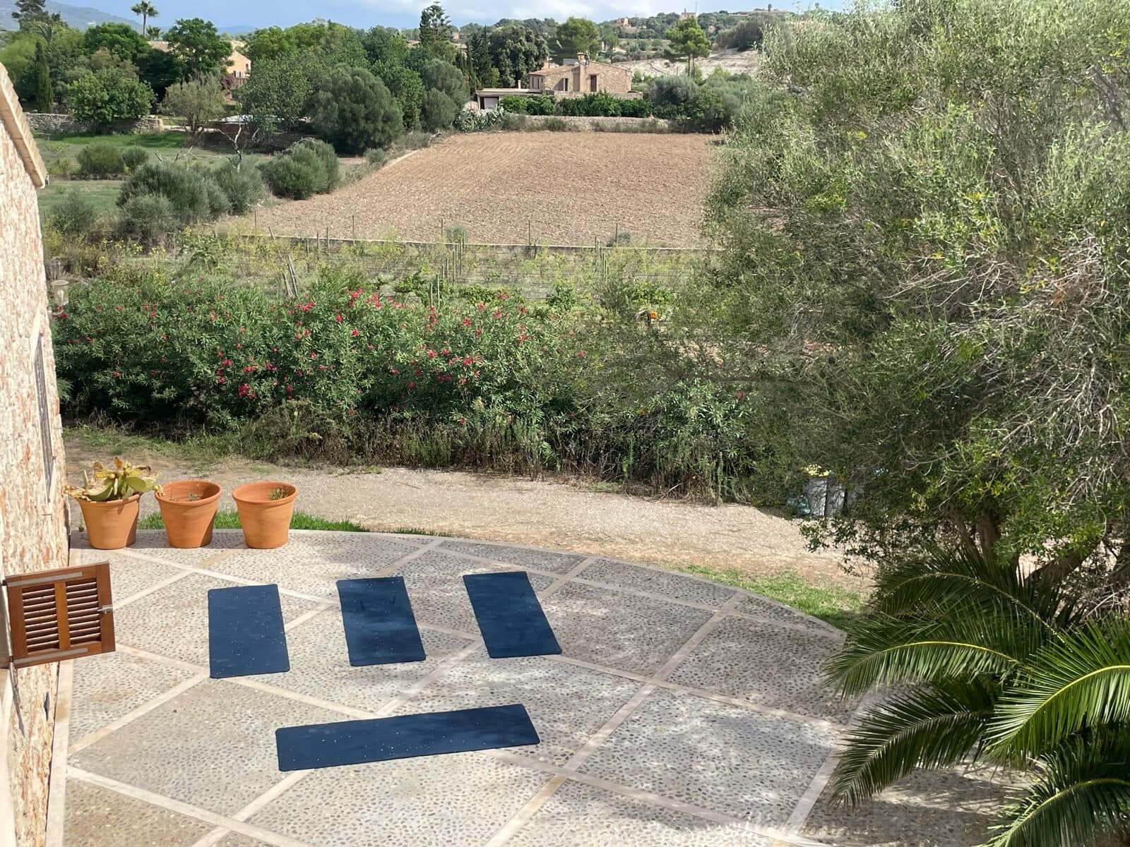 Yoga mats on a terrace in Mallorca overlooking fields and trees