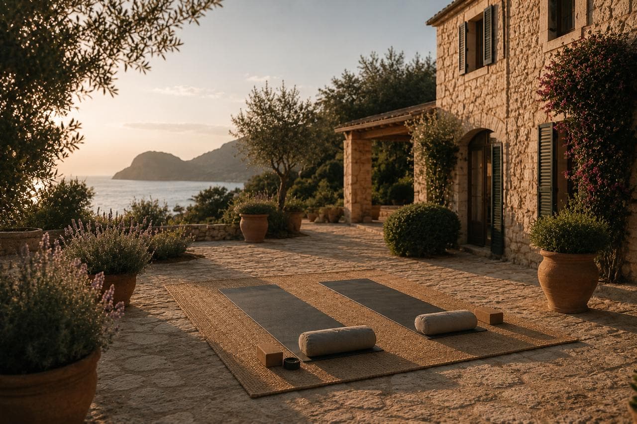 Mediterrane Terrasse und Olivenhain, Stimmungsbild für Finca-Yoga auf Mallorca